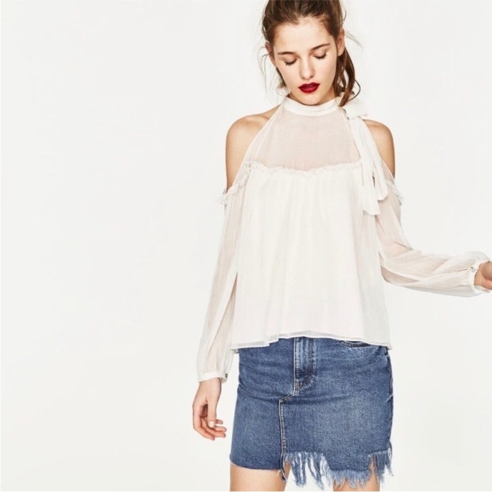 ZARA Trafaluc Elegant White Cold Shoulder Chiffon Blouse size XS